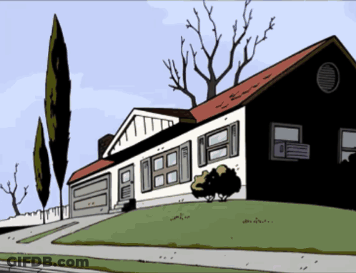 A Cartoon Drawing Of A House With A Red Roof And White Shutters GIF