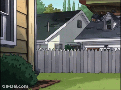 A Cartoon Drawing Of A House With A White Picket Fence In Front Of It GIF