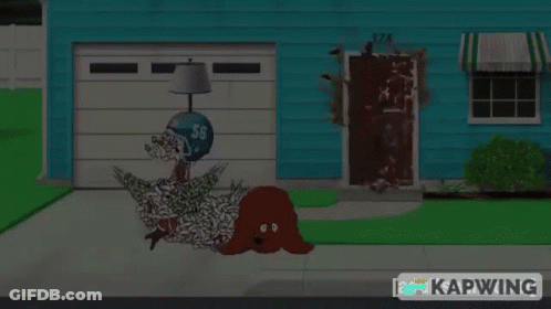 A Cartoon Drawing Of A House With The Words Get Off My Lawn Written On It GIF