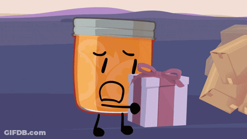 A Cartoon Drawing Of A Jar With Arms And Legs Holding A Gift Box GIF