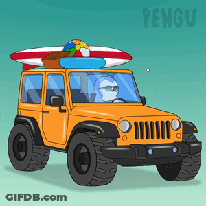 A Cartoon Drawing Of A Jeep With A Surfboard And A Beach Ball On Top Of It GIF