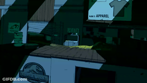 A Cartoon Drawing Of A Jurassic World Sign GIF