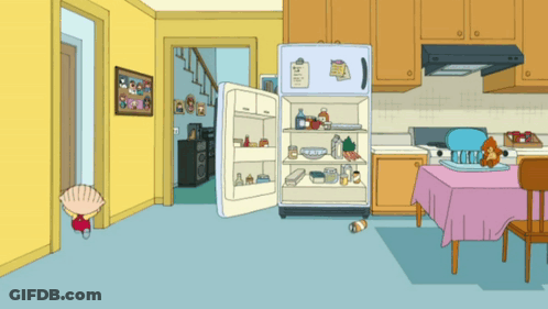 A Cartoon Drawing Of A Kitchen With An Open Refrigerator And A Note On It GIF