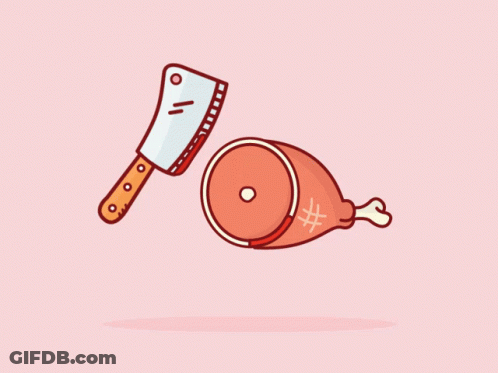 A Cartoon Drawing Of A Knife Cutting A Piece Of Meat With A # On It GIF
