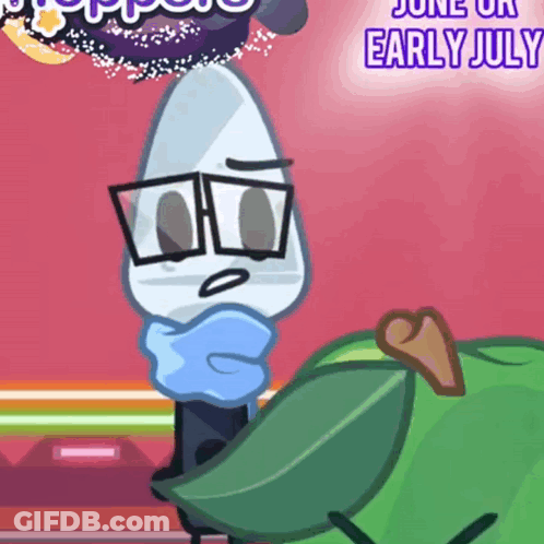 A Cartoon Drawing Of A Knife Holding A Green Apple With The Words June On Early July On The Bottom GIF