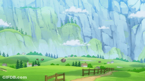 A Cartoon Drawing Of A Landscape With A Water Wheel GIF