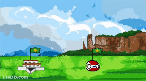 A Cartoon Drawing Of A Landscape With Flags And A Ball With The Letter O On It GIF