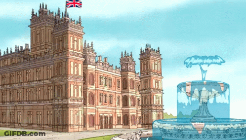 A Cartoon Drawing Of A Large Building With A Fountain In Front Of It GIF