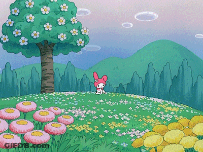 A Cartoon Drawing Of A Little Girl In A Field Of Flowers With A Tree In The Background GIF