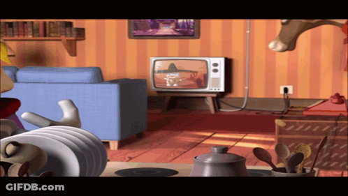 A Cartoon Drawing Of A Living Room With A Blue Couch GIF