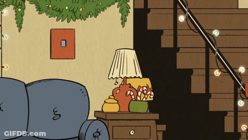 A Cartoon Drawing Of A Living Room With A Christmas Tree And A Lamp GIF
