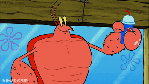 A Cartoon Drawing Of A Lobster Drinking From A Blue Cup With A Star On It GIF