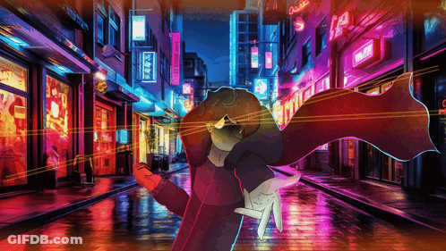 A Cartoon Drawing Of A Man And A Cat In A Neon City With A Sign That Says ' Tokyo ' GIF