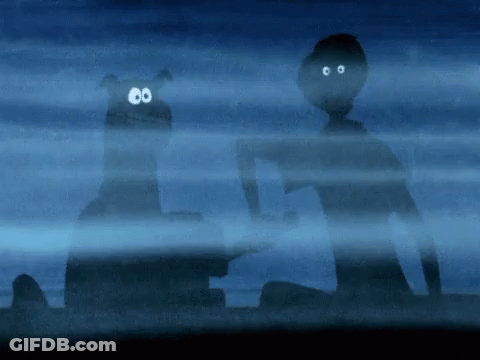 A Cartoon Drawing Of A Man And A Dog With Their Eyes Glowing In The Dark GIF