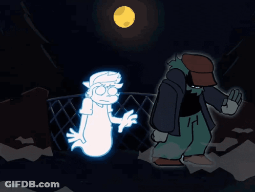 A Cartoon Drawing Of A Man And A Ghost With A Full Moon In The Background GIF