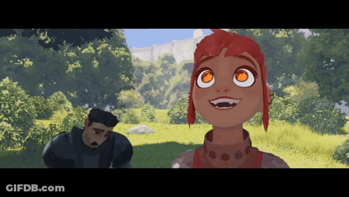 A Cartoon Drawing Of A Man And A Girl In A Field GIF
