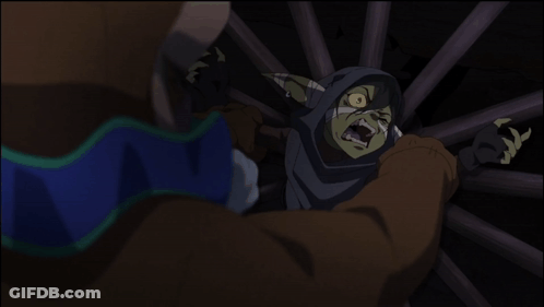 A Cartoon Drawing Of A Man And A Goblin With Yellow Eyes GIF
