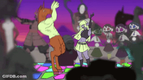 A Cartoon Drawing Of A Man And A Woman Dancing On A Colorful Dance Floor GIF