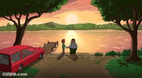 A Cartoon Drawing Of A Man And A Woman Standing Next To A Lake GIF