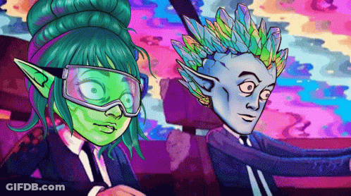 A Cartoon Drawing Of A Man And A Woman With A Green Face GIF