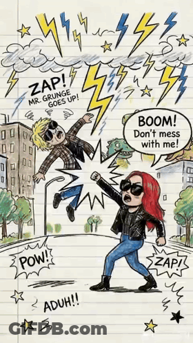 A Cartoon Drawing Of A Man And A Woman With The Words Zap Mr. Grunge Goes Up GIF