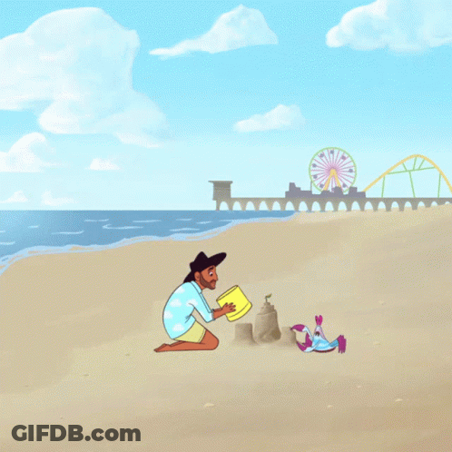 A Cartoon Drawing Of A Man And Child Playing On A Beach With A Ferris Wheel In The Background GIF