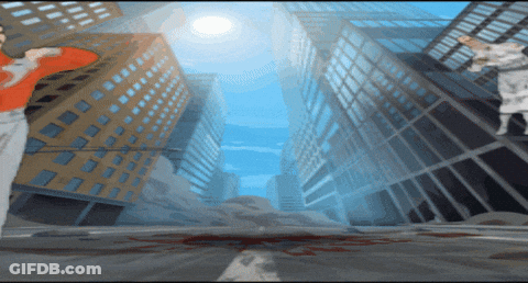 A Cartoon Drawing Of A Man And Woman Standing In A City GIF