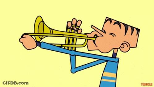 A Cartoon Drawing Of A Man Blowing A Trumpet With The Word Twinkle Below Him GIF
