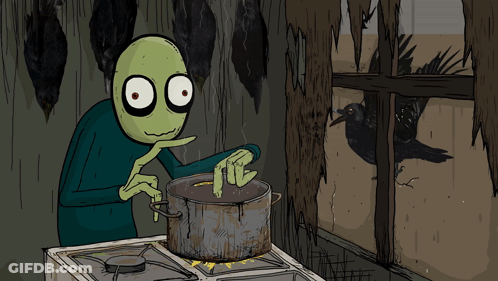 A Cartoon Drawing Of A Man Cooking With A Crow Behind Him GIF