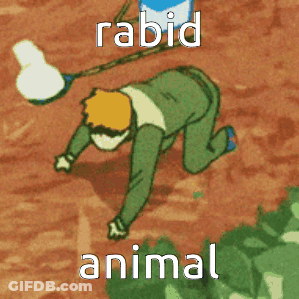 A Cartoon Drawing Of A Man Crawling On The Ground With Rabid Animal Written Below Him GIF