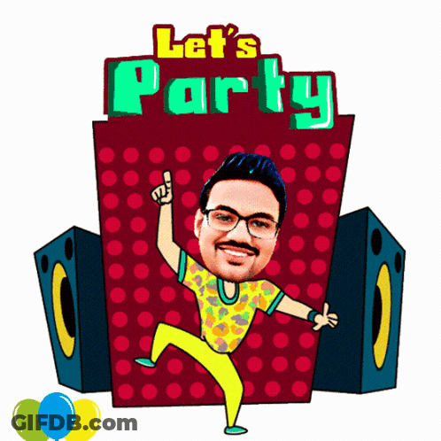A Cartoon Drawing Of A Man Dancing With The Words Let 'S Party Behind Him GIF