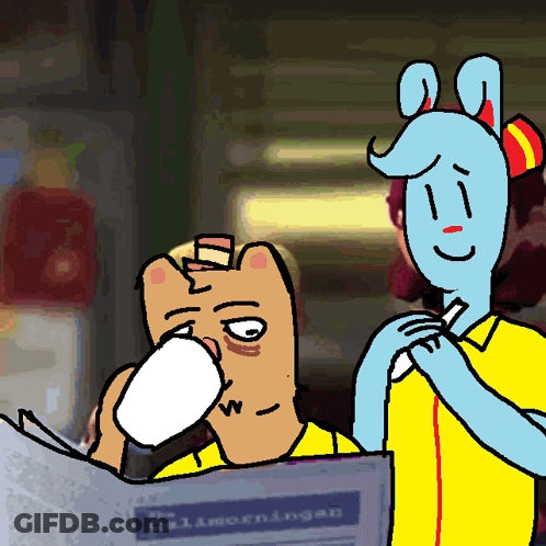 A Cartoon Drawing Of A Man Drinking A Cup Of Coffee And Another Man Reading A Newspaper GIF