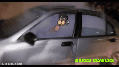 A Cartoon Drawing Of A Man Driving A Car With Baked Beavers Written On The Bottom GIF
