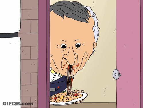 A Cartoon Drawing Of A Man Eating Spaghetti With Blood Coming Out Of His Mouth GIF