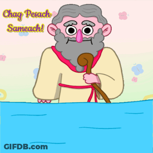 A Cartoon Drawing Of A Man Holding A Cane With The Words Chag Pesach Sameach Above Him GIF