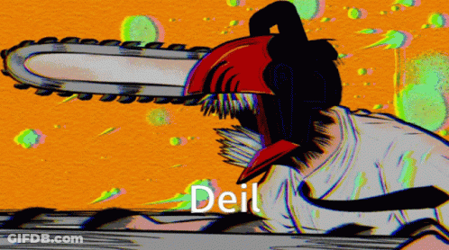 A Cartoon Drawing Of A Man Holding A Chainsaw With The Word Deil In The Corner GIF