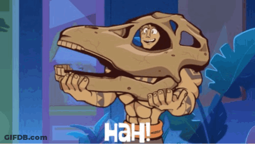 A Cartoon Drawing Of A Man Holding A Dinosaur Skull With The Word Hah On The Bottom Right GIF