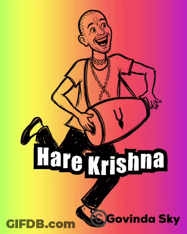 A Cartoon Drawing Of A Man Holding A Drum With The Words Hare Krishna Below Him GIF