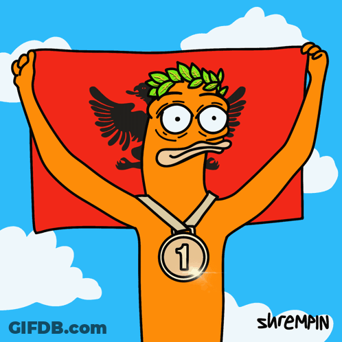 A Cartoon Drawing Of A Man Holding A Flag And A Medal With The Number 1 On It GIF