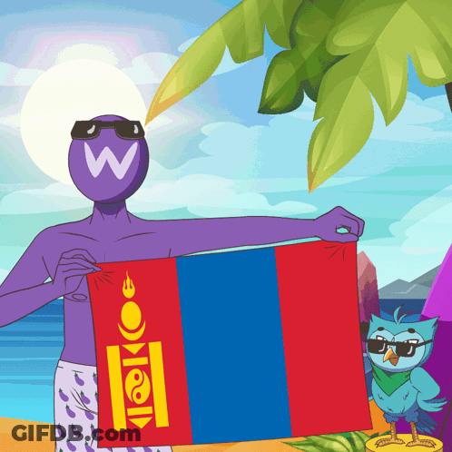 A Cartoon Drawing Of A Man Holding A Flag With A W On His Head GIF