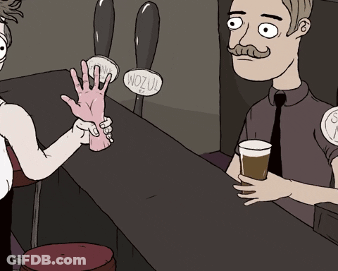 A Cartoon Drawing Of A Man Holding A Glass And A Woman Holding A Beer GIF