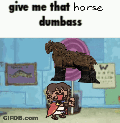 A Cartoon Drawing Of A Man Holding A Lollipop With The Words " Give Me That Horse Dumbass " GIF