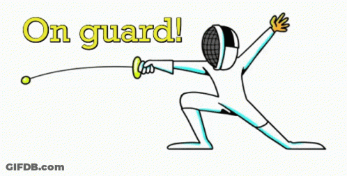 A Cartoon Drawing Of A Man Holding A Sword With The Words On Guard Below Him GIF