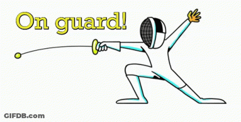 A Cartoon Drawing Of A Man Holding A Sword With The Words On Guard Below Him GIF