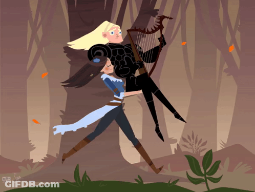 A Cartoon Drawing Of A Man Holding A Woman And A Harp GIF
