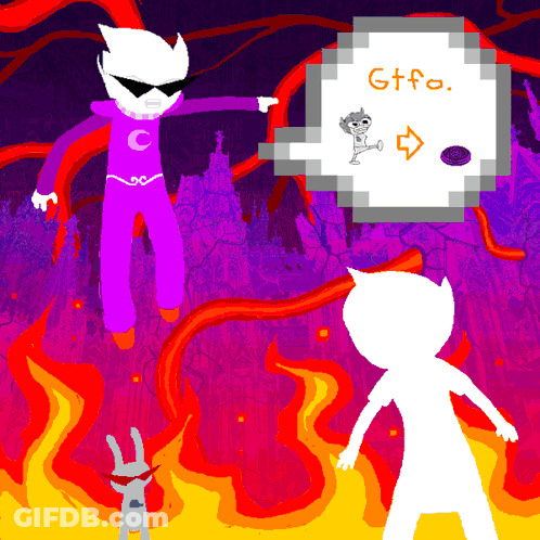 A Cartoon Drawing Of A Man In A Purple Suit With The Word Gtfo Written Above Him GIF