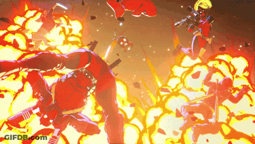A Cartoon Drawing Of A Man In A Red Suit Surrounded By Fire And Explosions GIF