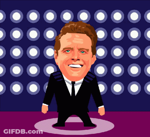 A Cartoon Drawing Of A Man In A Suit And Tie Standing On A Stage GIF