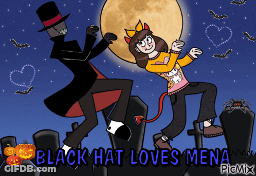 A Cartoon Drawing Of A Man In A Top Hat And A Girl In A Devil Costume With The Words Black Hat Loves Mena GIF