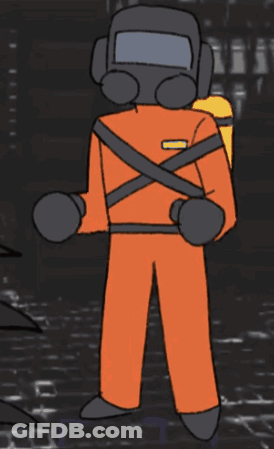A Cartoon Drawing Of A Man In An Orange Suit With A Gas Mask On GIF